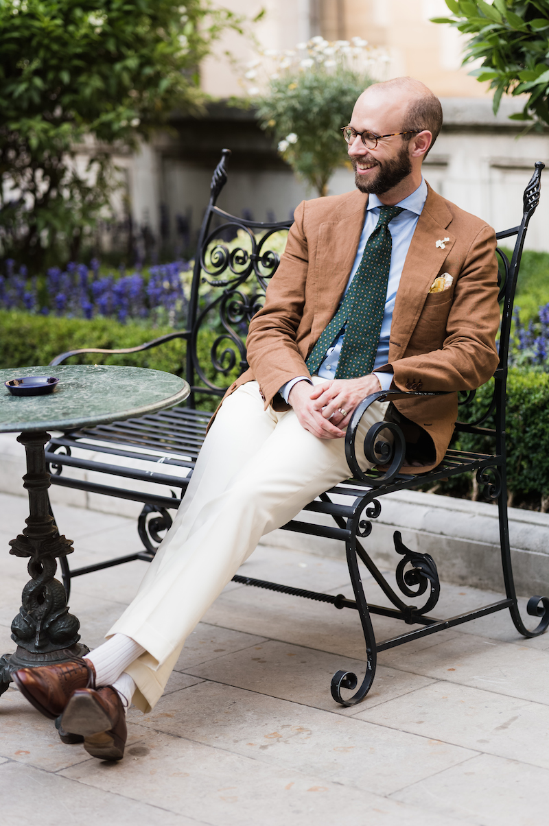brown linen jacket with cream gabardine trousers langa
