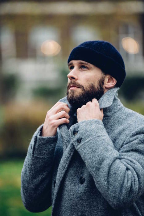 grey double breasted overcoat notch collar