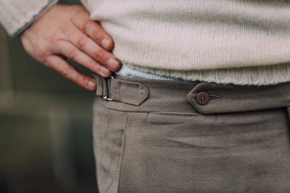 The buckle back waist adjuster - popular detail on jeans and trousers.